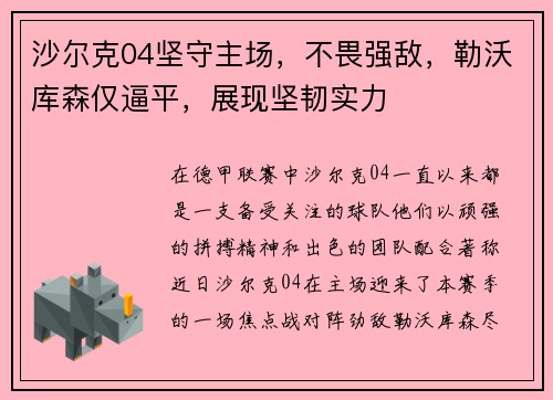 沙尔克04坚守主场，不畏强敌，勒沃库森仅逼平，展现坚韧实力
